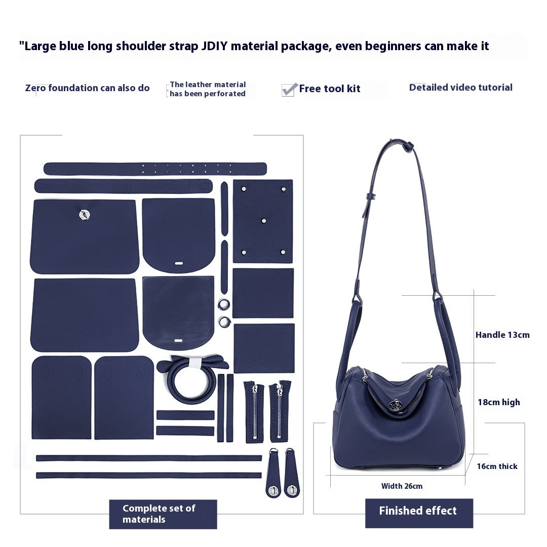Blue shoulder bag material package with components and finished product on a white background