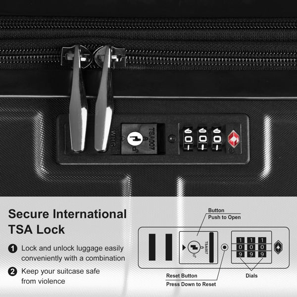 Close-up of a black suitcase with a TSA lock and security features.