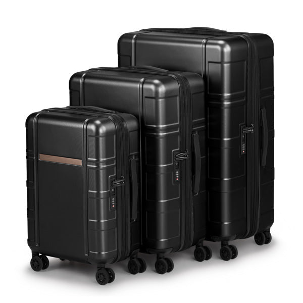 Set of black suitcases of different sizes on a white background