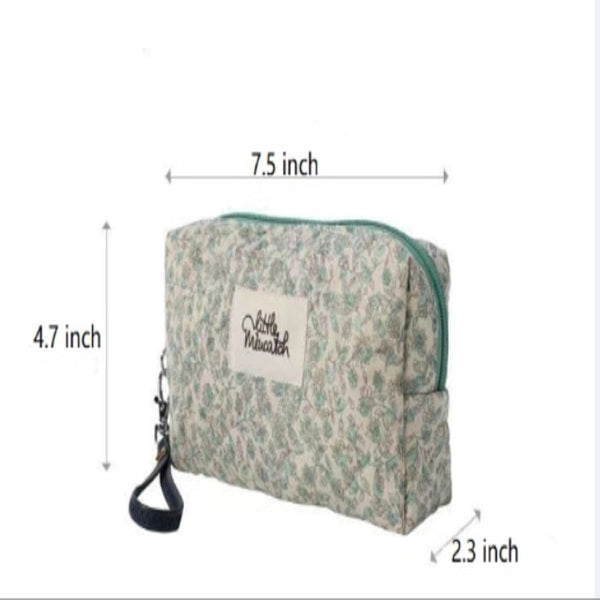 Floral-patterned pouch with measurements on a white background