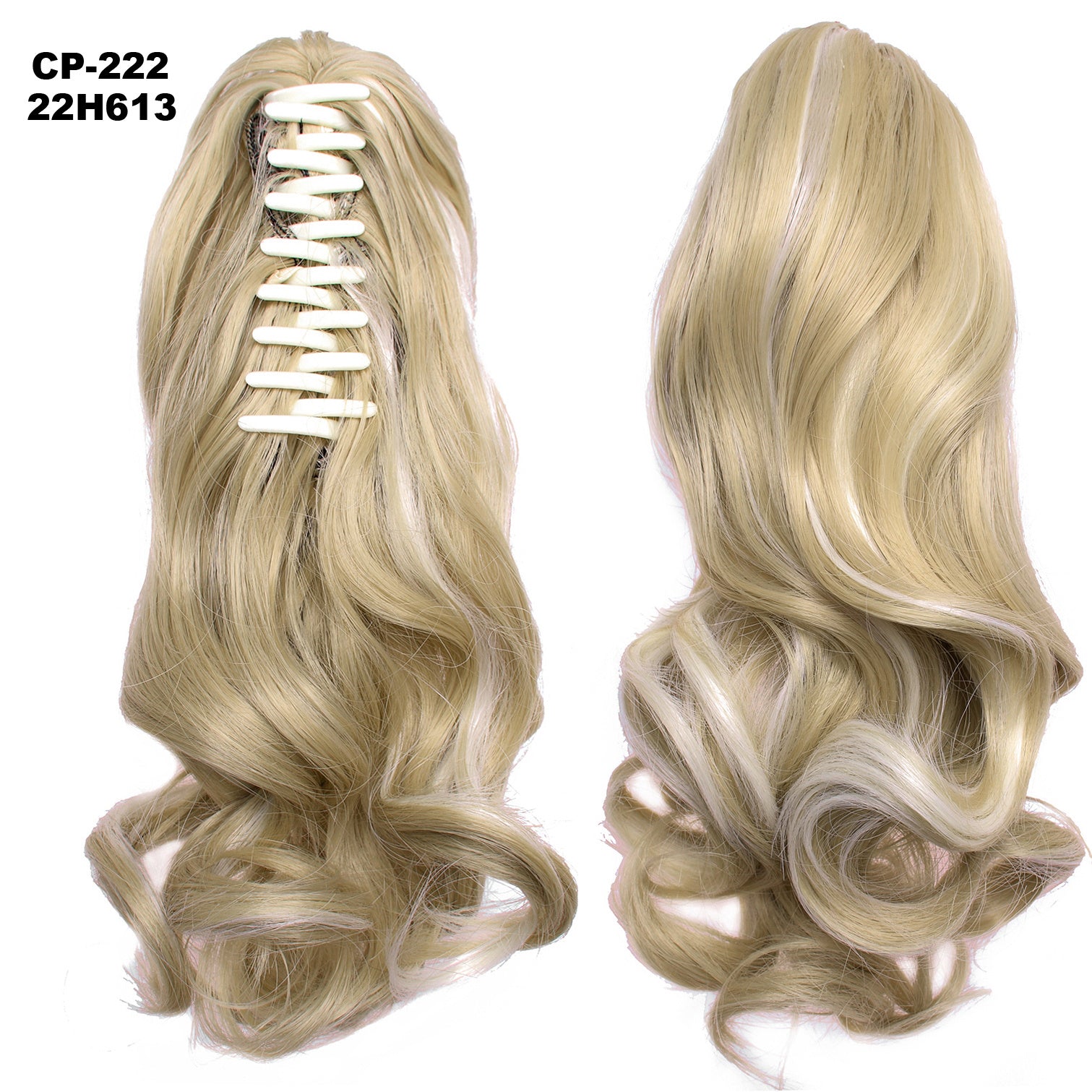 Blonde hair extension with a clip on the left and styled on the right against a white background.