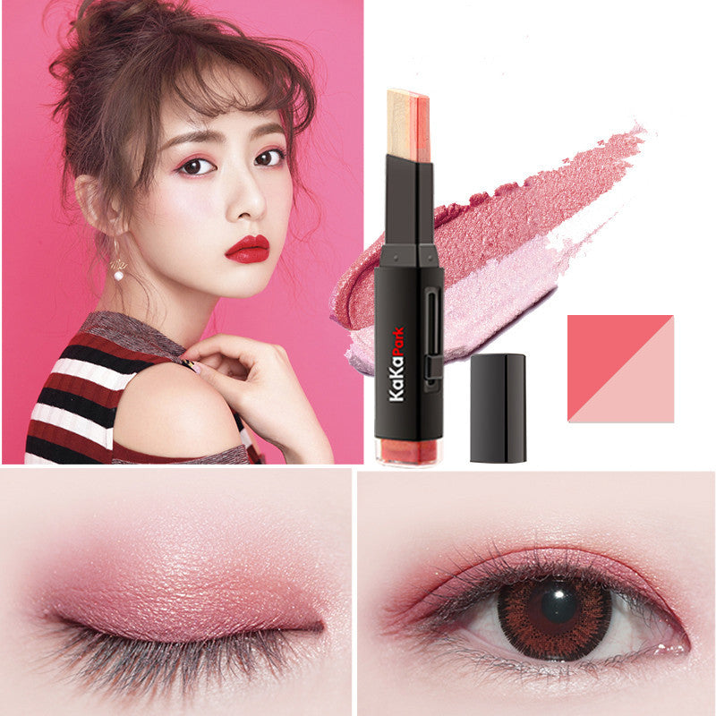 Makeup product with close-up shots of a woman's eye and lipstick application on a pink background