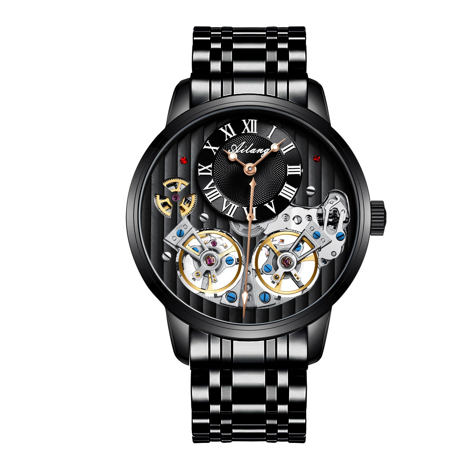 Black mechanical watch with visible gears on a white background