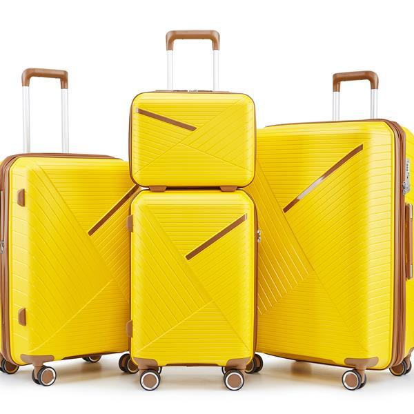 Set of yellow suitcases with brown handles and wheels on a white background