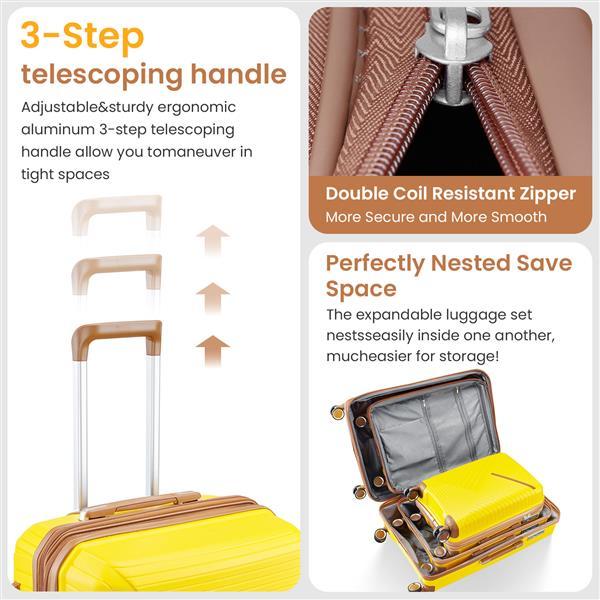 Yellow suitcase with telescoping handle, double coil zipper, and nested design on a white background.