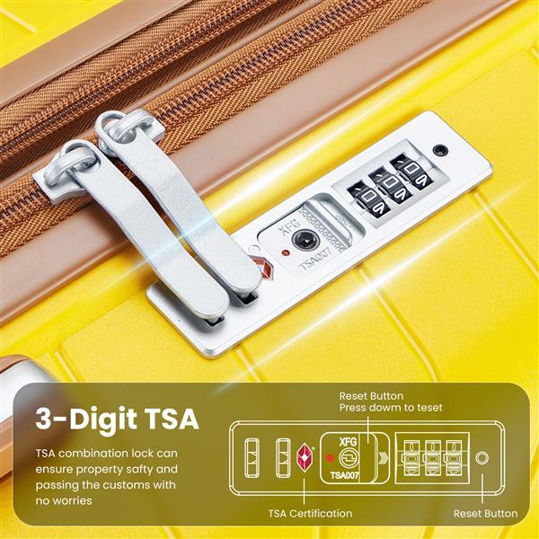 Yellow suitcase with a TSA combination lock on a yellow background