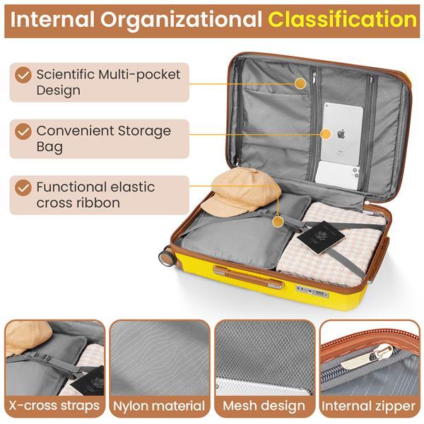 Open suitcase with labeled features and close-up details on a white background