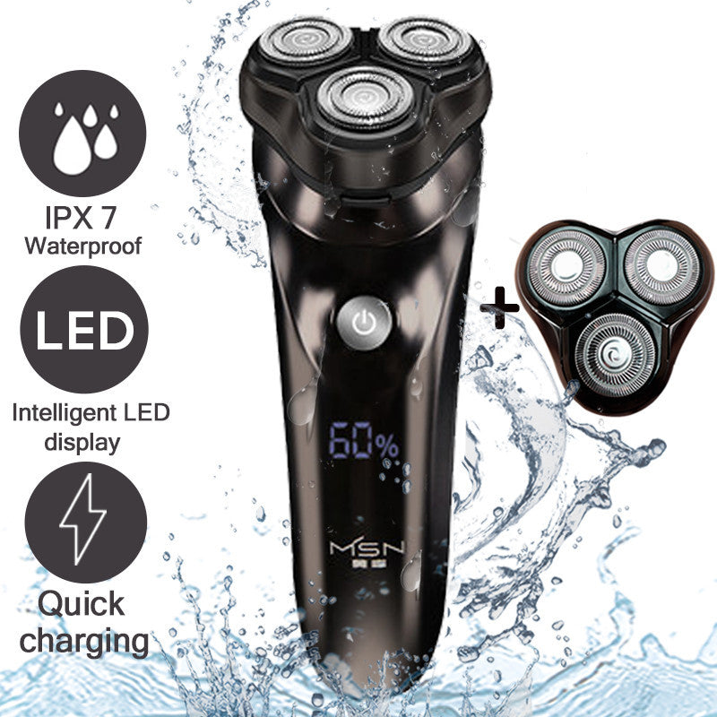 Black electric shaver with water splashes and feature icons on a white background
