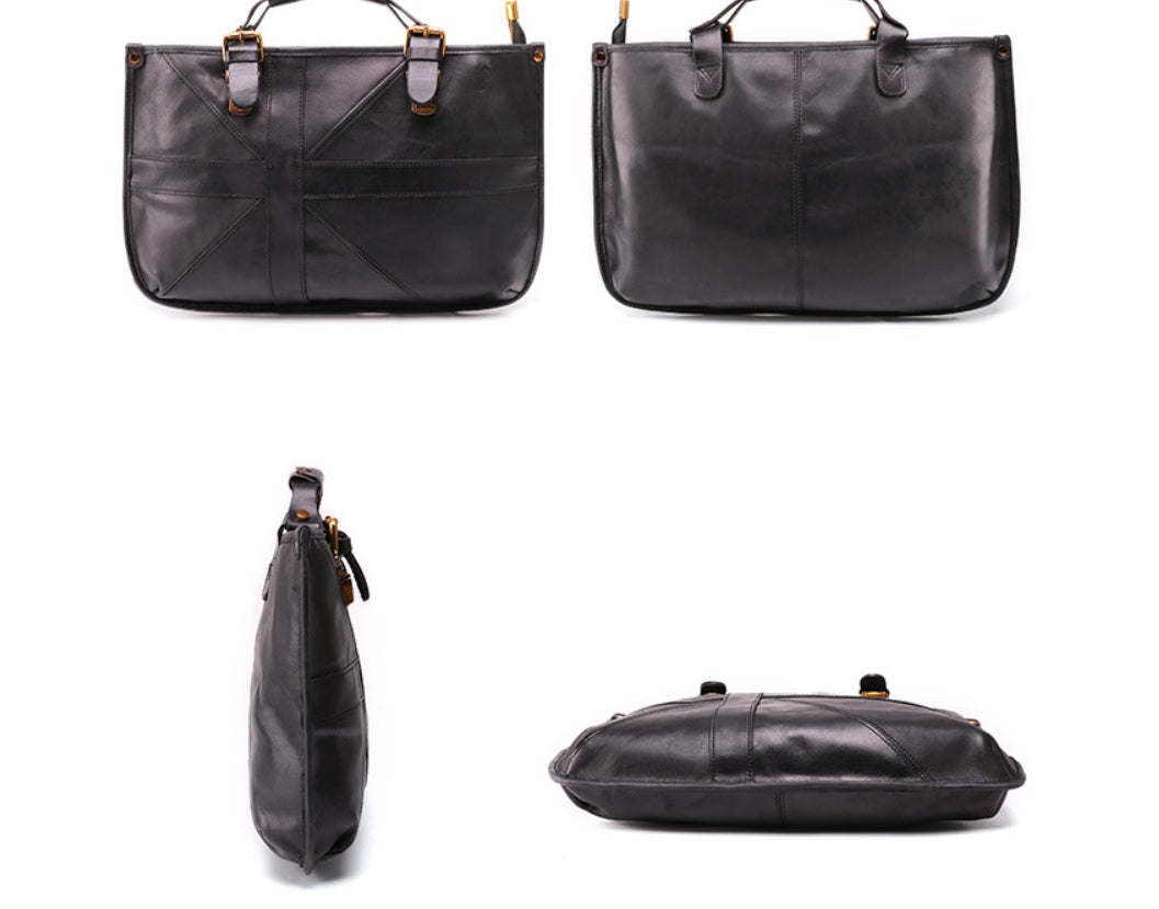 Black leather bag shown from multiple angles on a white background