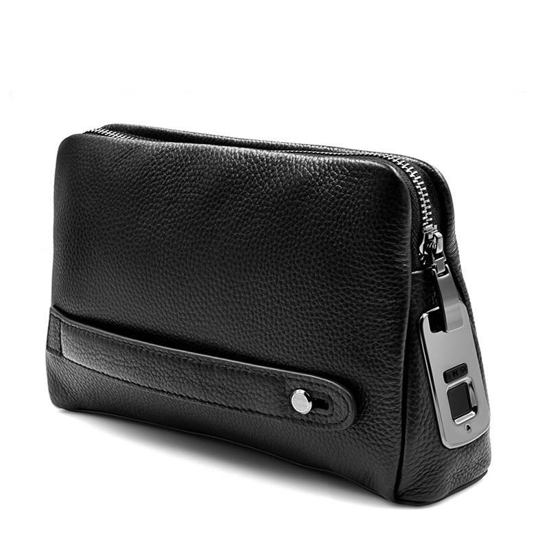 Black leather clutch bag with a zipper on a white background