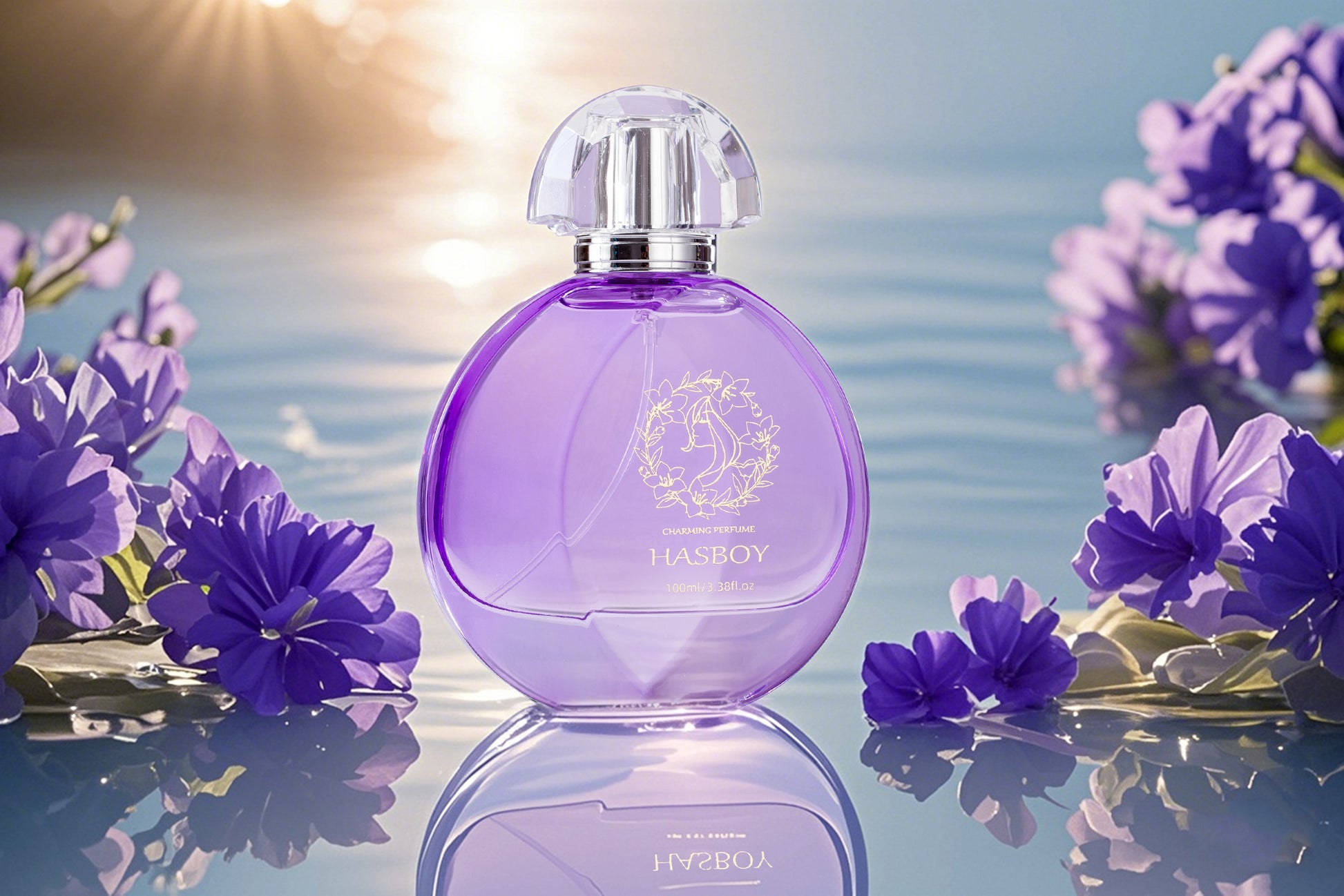 Purple perfume bottle with floral arrangement on a reflective surface