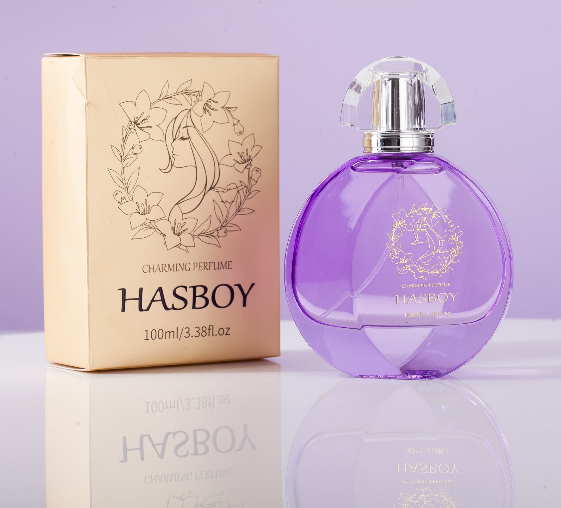 Purple perfume bottle and packaging with 'HASBOY' branding on a light purple background