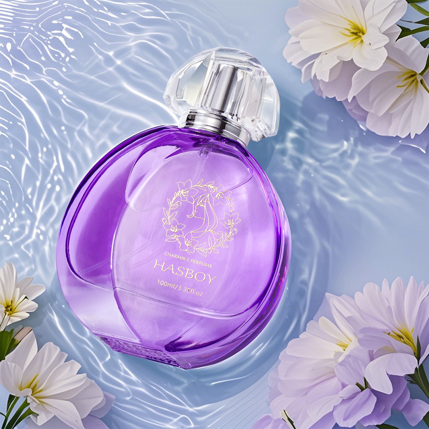 Purple perfume bottle with floral design on a water-like background