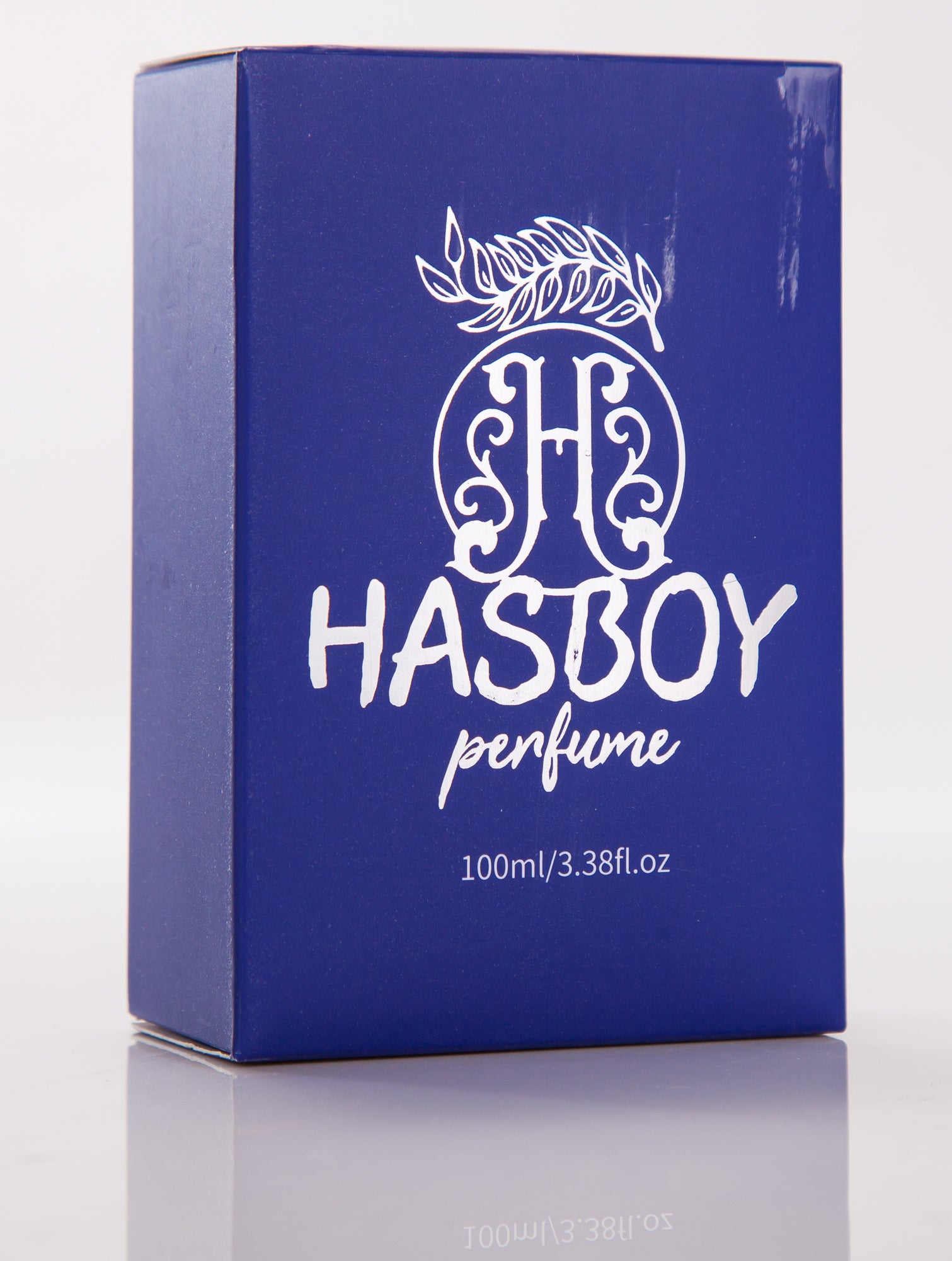 Blue box with 'HASBOY perfume' branding on a white background