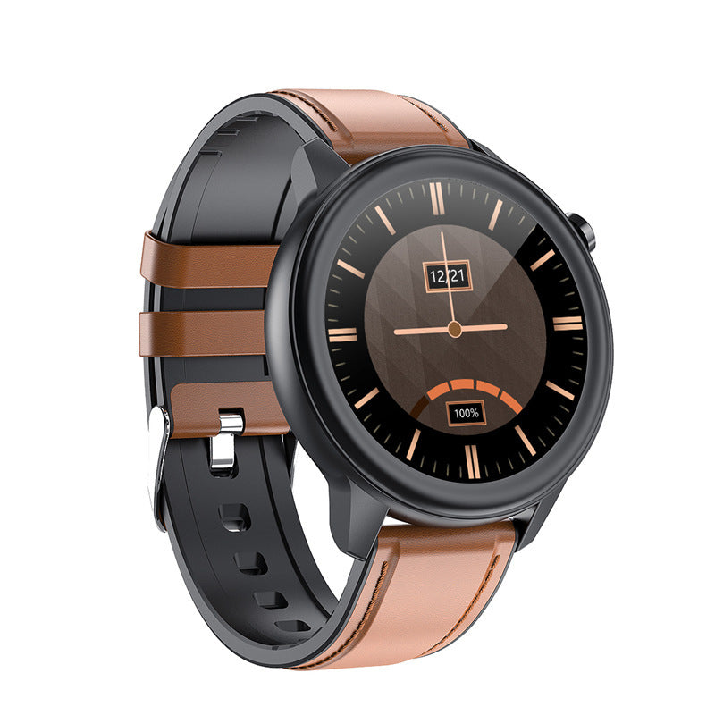 Smartwatch with a brown and black strap on a white background