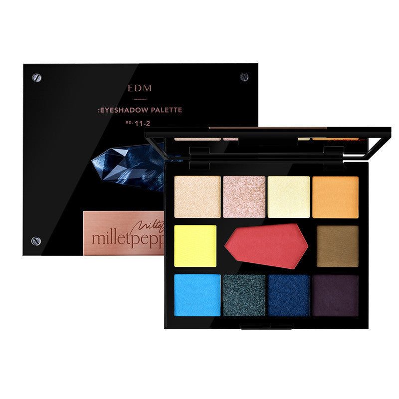 Makeup eyeshadow palette with colorful shades and 'EDM' branding on a white background