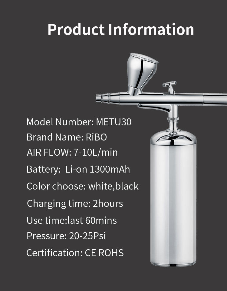 Silver airbrush with product information on a black background