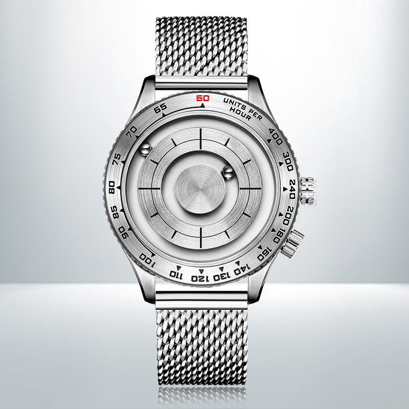 Silver watch with a detailed face on a light gray background
