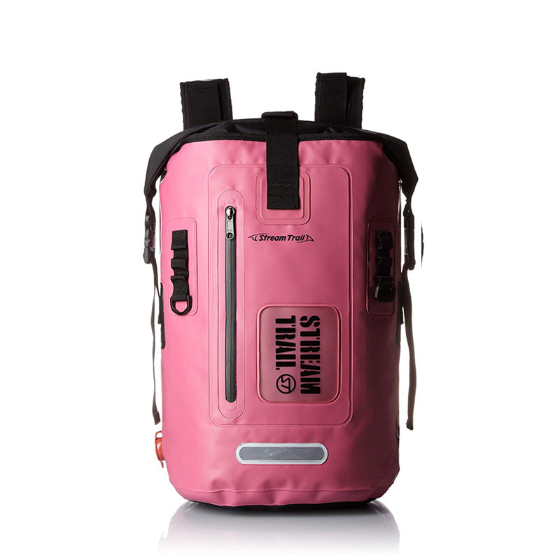 Pink backpack with black straps on a white background