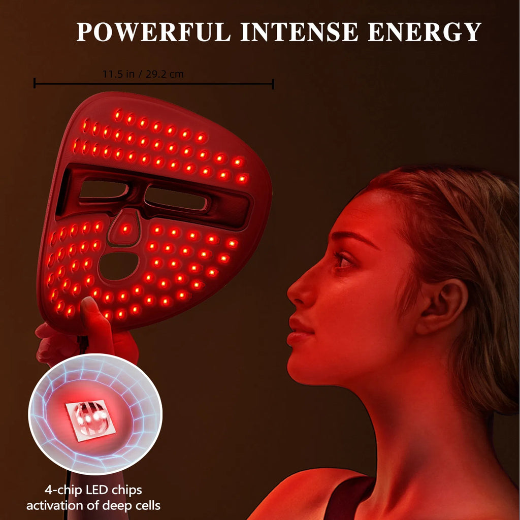 LED face mask with red lights and a woman's face, highlighting 'Powerful Intense Energy' and product features.