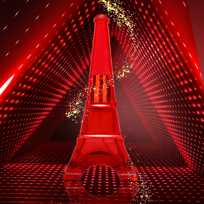 Red Eiffel Tower model in a tunnel with red light patterns