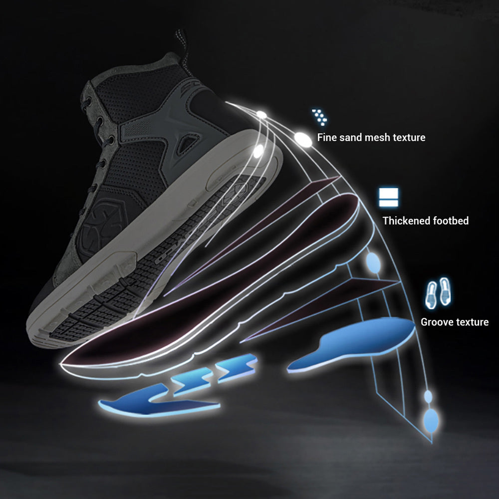 Black high-top sneaker with highlighted features on a dark background