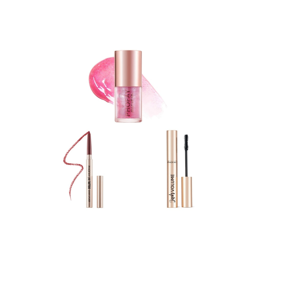 Makeup products including a lip gloss, eyeliner, and mascara on a white background