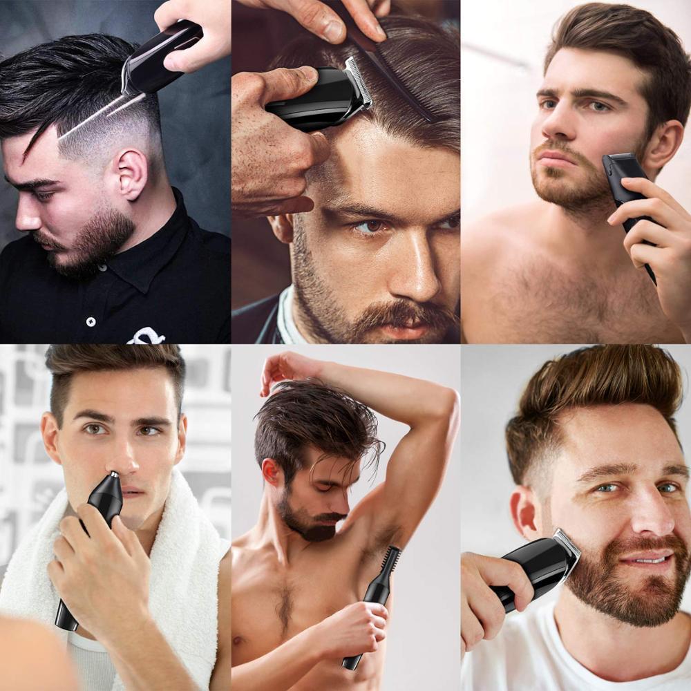 Collage of men using hair care products including razors and combs.