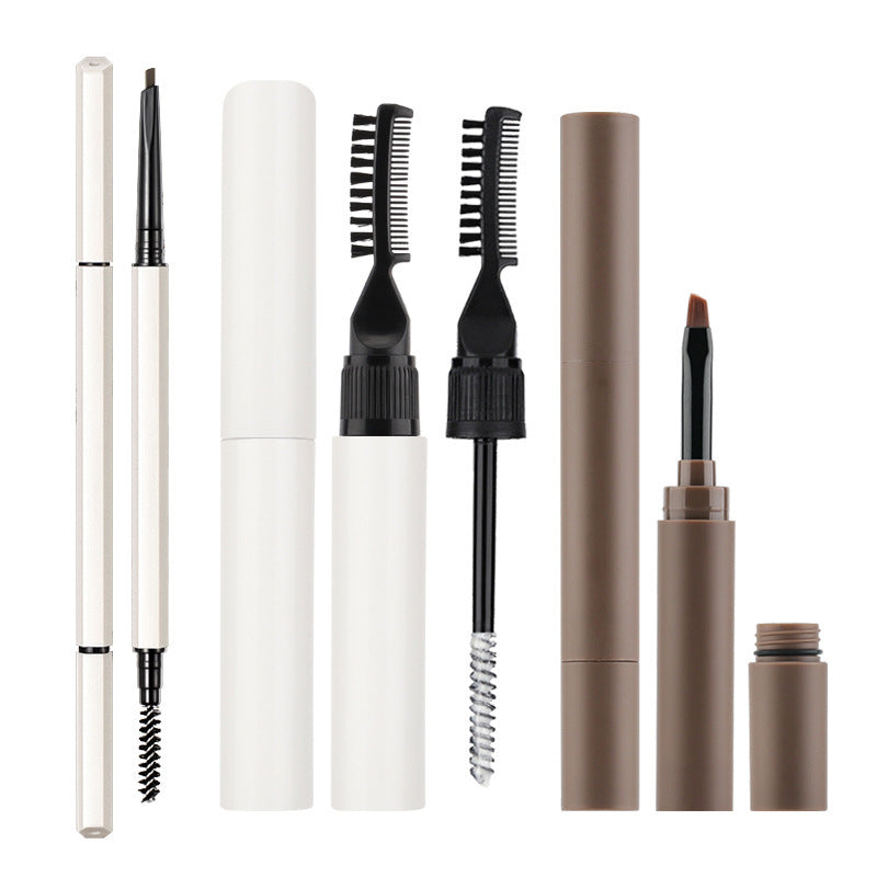 Set of eyebrow grooming tools including pencils, brushes, and combs on a white background