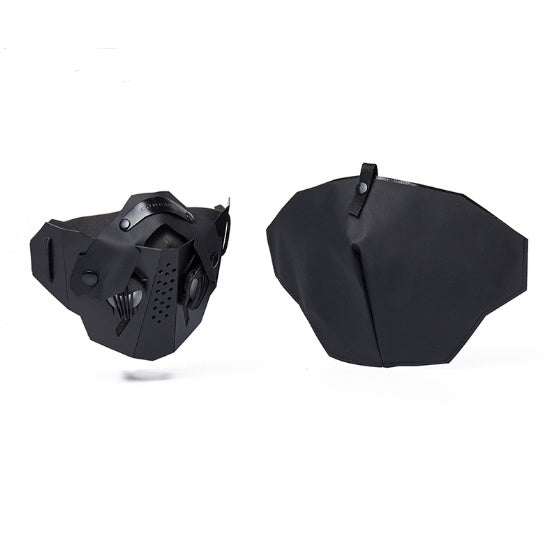Black motorcycle helmet visor and chin guard on a white background