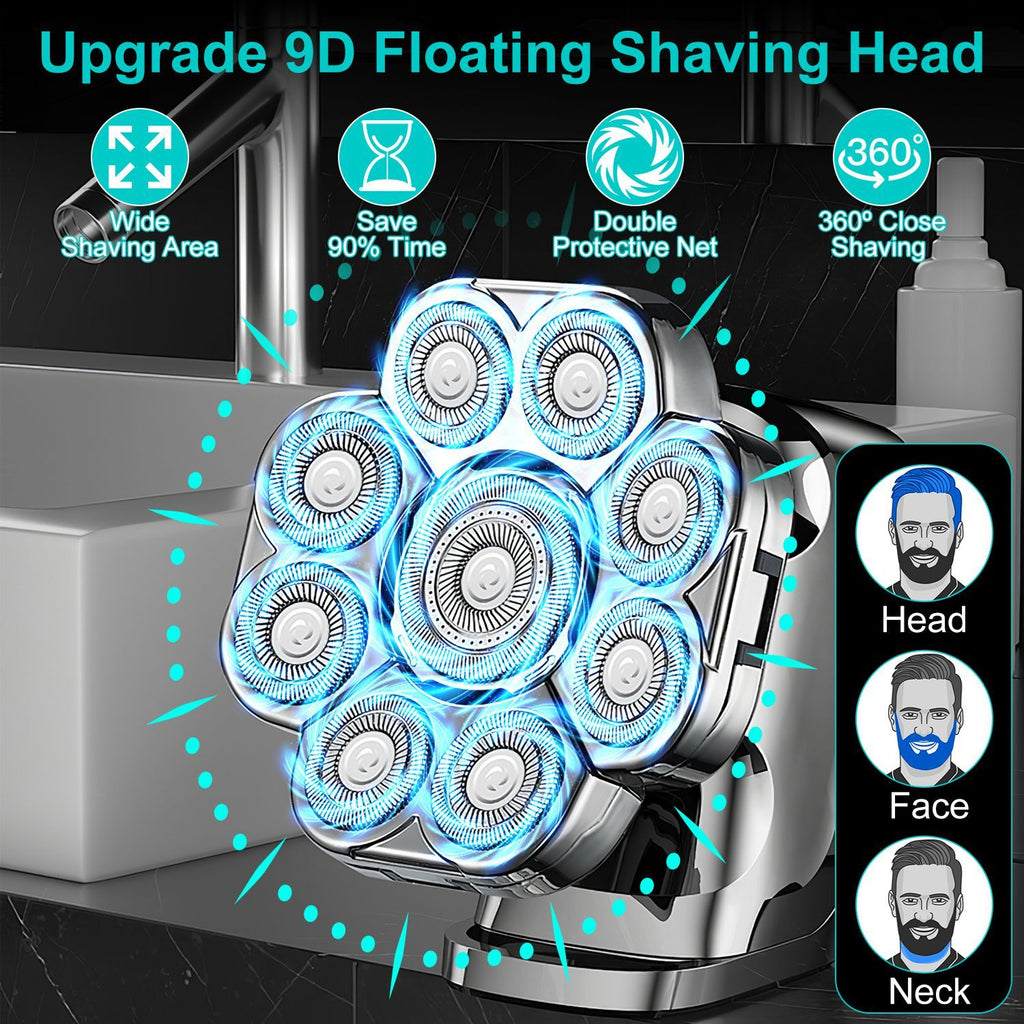 9D Floating Shaving Head with multiple heads and features highlighted on a dark background