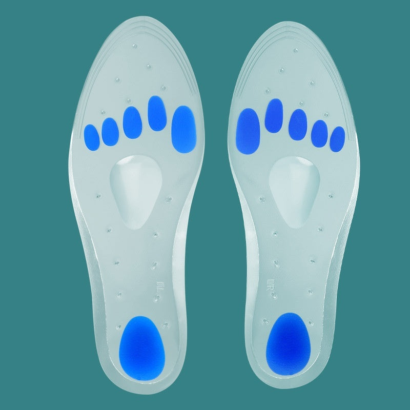 Pair of clear shoe insoles with blue accents on a teal background