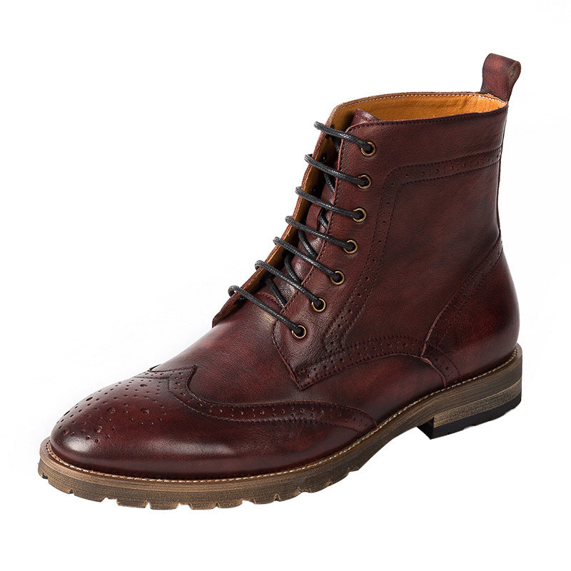 Brown leather boot with black laces on a white background