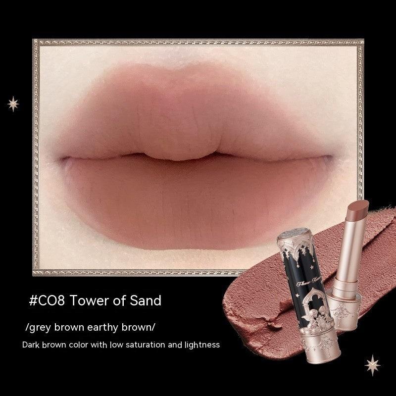 Lipstick with '#CO8 Tower of Sand' color swatch on lips and text description.