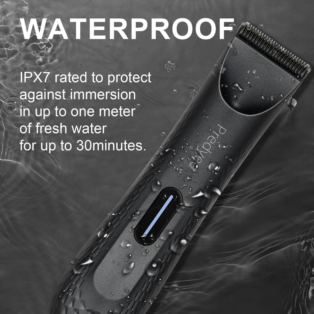 Hair trimmer with water droplets on a gray background, highlighting its waterproof feature.