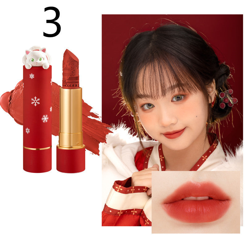 Red lipstick with gold accents, a woman wearing a red and white outfit, and a close-up of lips with red lipstick.