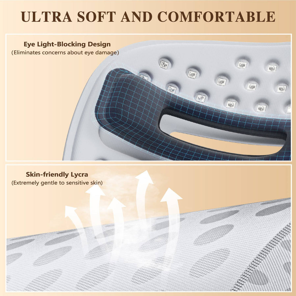 Product with eye light-blocking design and skin-friendly Lycra material on a beige background.