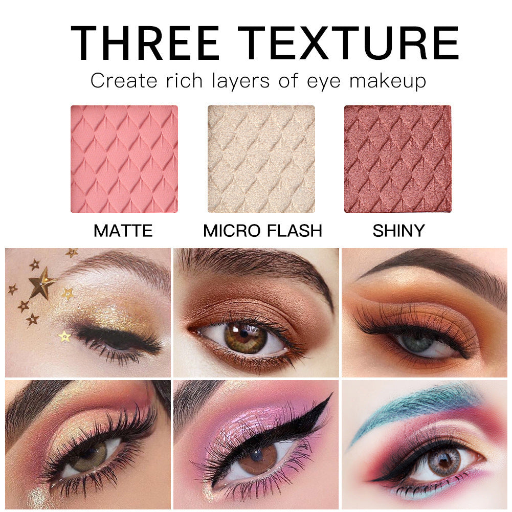 Eye makeup swatches with 'Matte', 'Micro Flash', and 'Shiny' textures, applied to eyes.