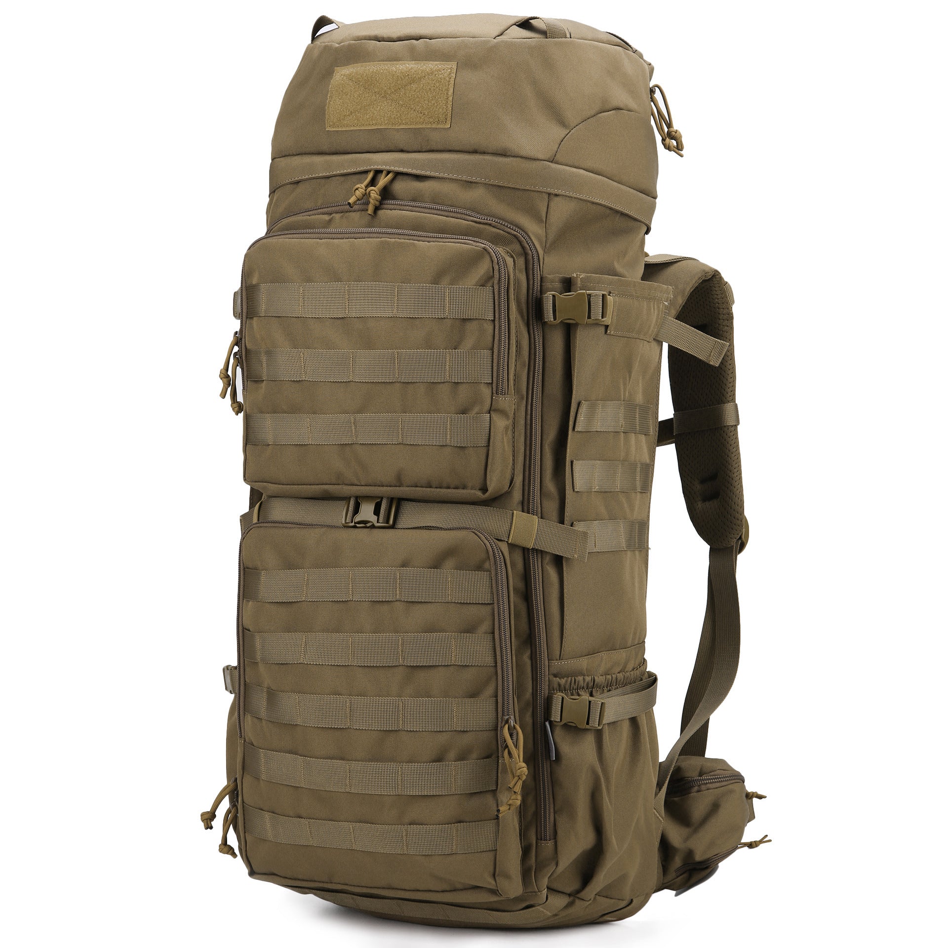 Tan tactical backpack on a white background