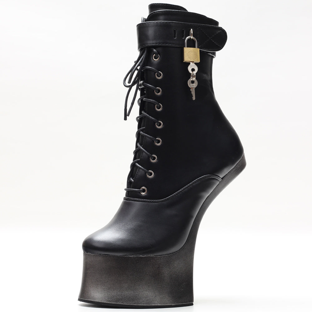 Black platform boot with a gold lock and key on a white background