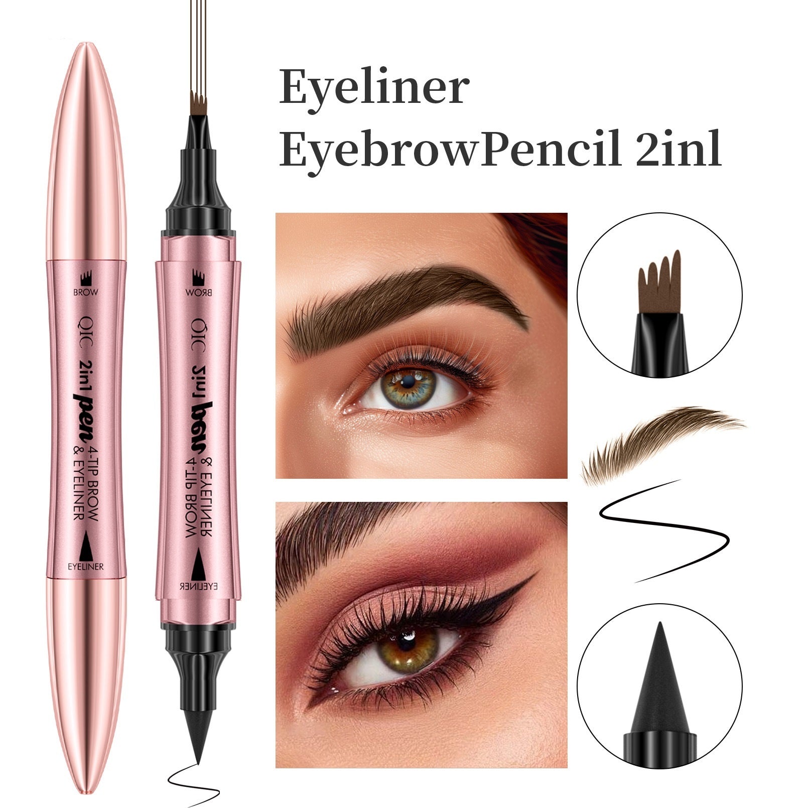 Eyeliner and eyebrow pencil set with close-up examples of use on eyes and eyebrows.