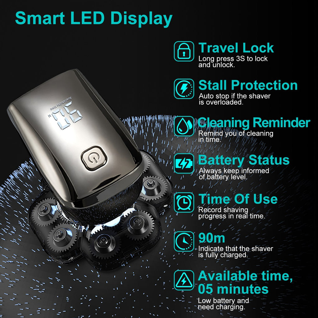 Shaver with smart LED display features on a dark background