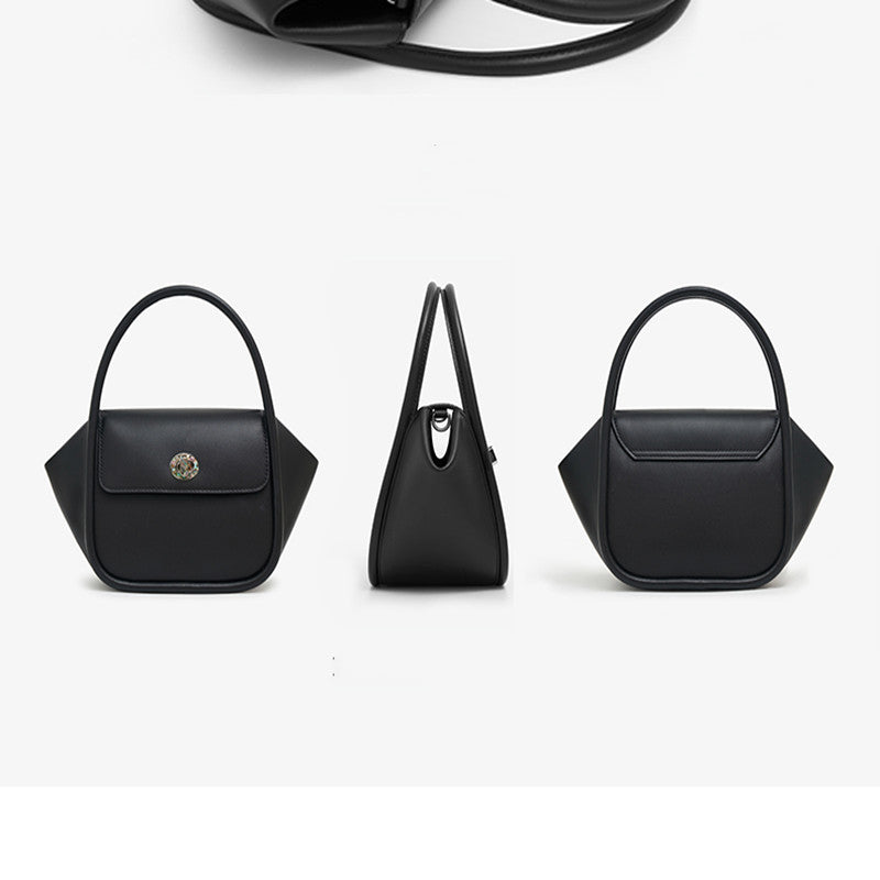 Black handbag shown from three different angles on a white background