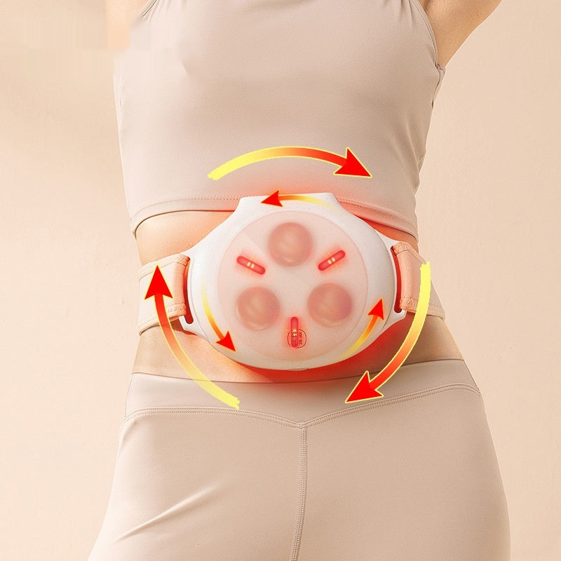White device on a person's stomach with red and yellow arrows indicating movement, on a beige background