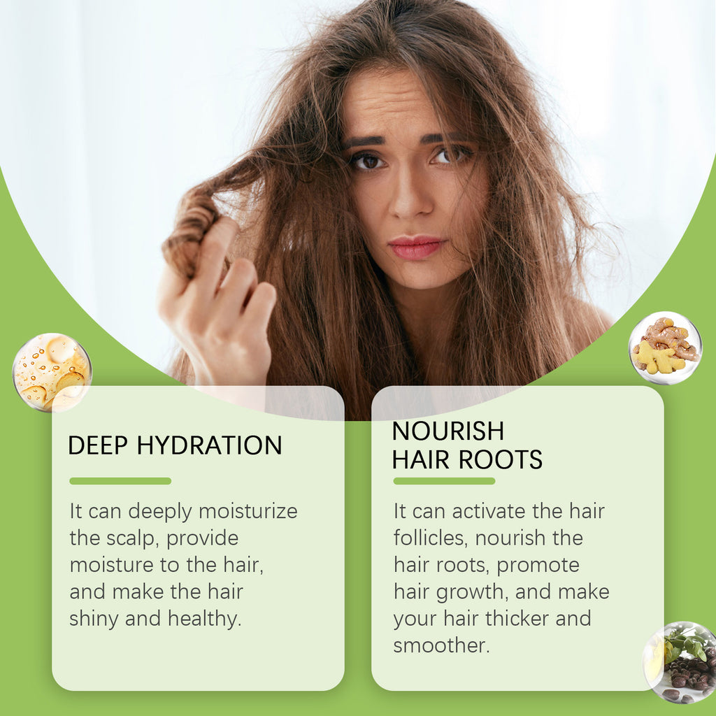 Woman with dry hair looking distressed, with text on deep hydration and nourishing hair roots.