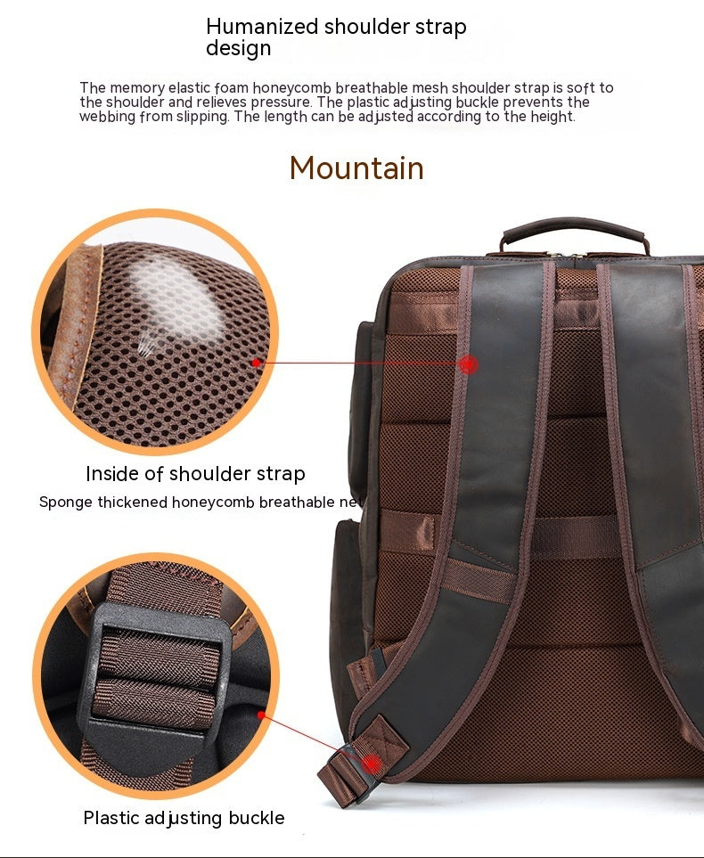 Backpack with highlighted shoulder strap design and features on a white background
