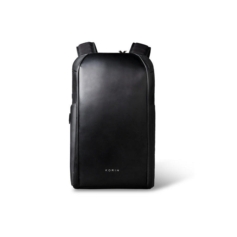 Black backpack with 'KORIN' branding on a white background