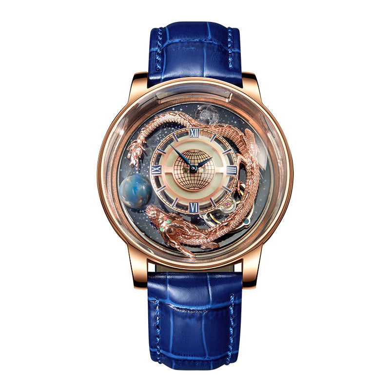 Luxury watch with blue strap and intricate design on a white background