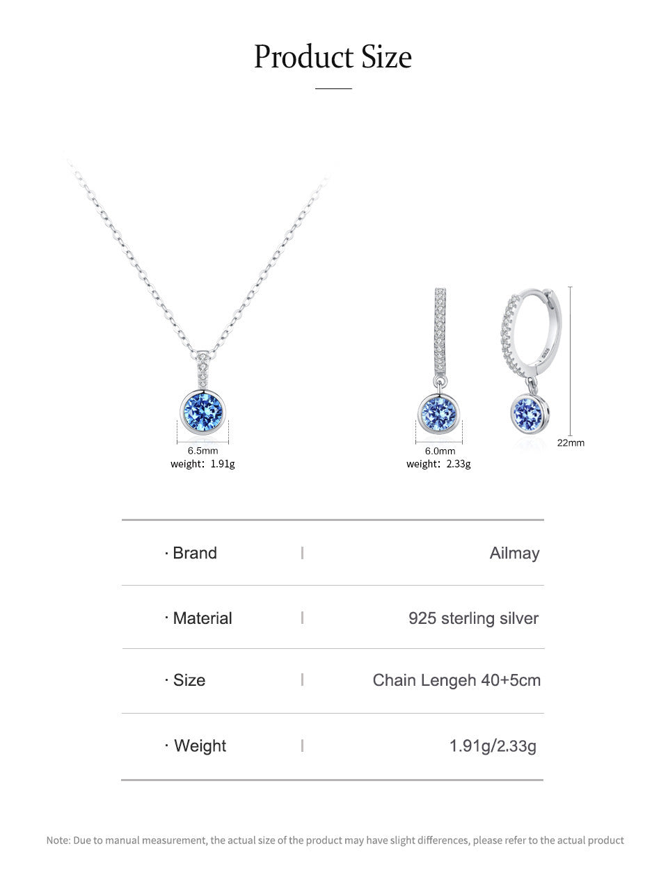 Product size information for a necklace and earrings with Ailmay branding on a white background.
