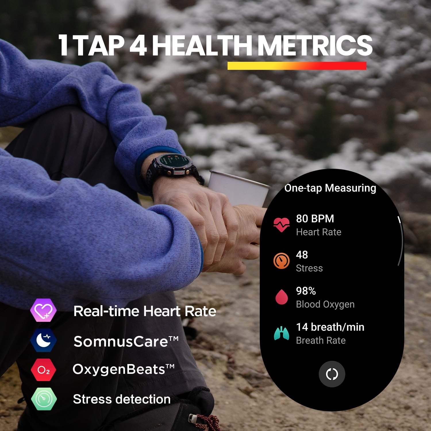 Person using a smartwatch with health metrics displayed outdoors